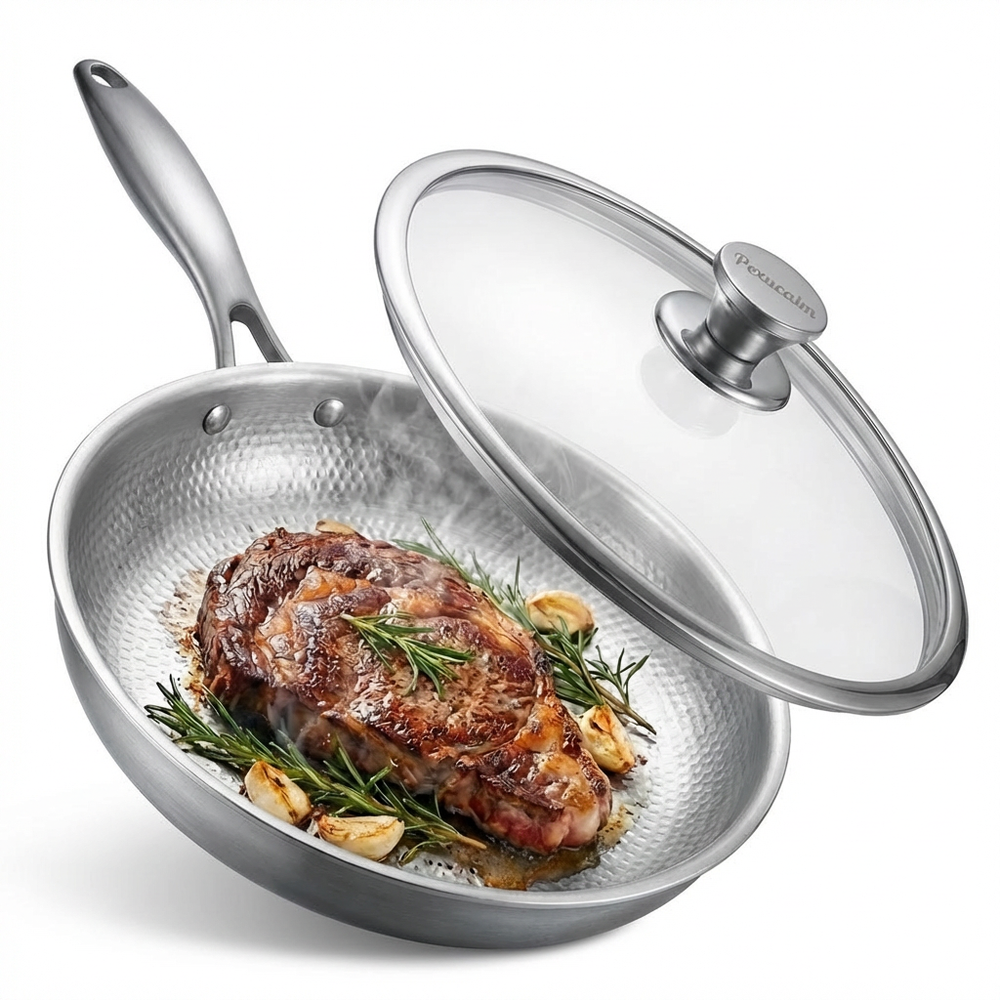 Titanium Frying Pan with Lid, 12" Uncoated Hammered Skillet for Cooking, PFAS/PFOA/PTFE Free Nonstick Cookware, Scratch Resistant, for Induction & Gas, Oven, Dishwasher Safe