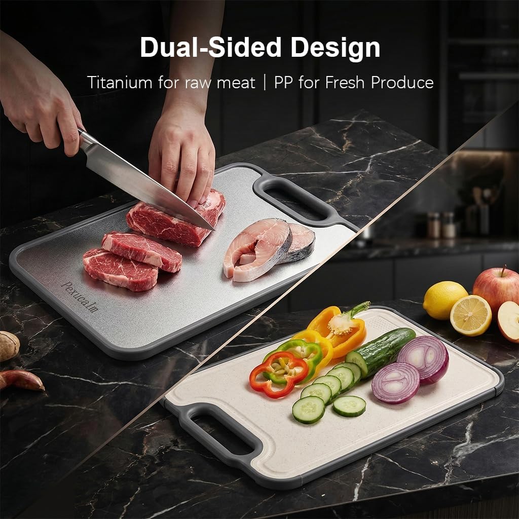 Titanium Cutting Board for Kitchen, 15.4"x10.4" Dual-Sided Chopping Board, Scratch-Resistant, with Juice Groove & Garlic Grinding, Non-Slip Edges, Straw Wheat PP & Titanium