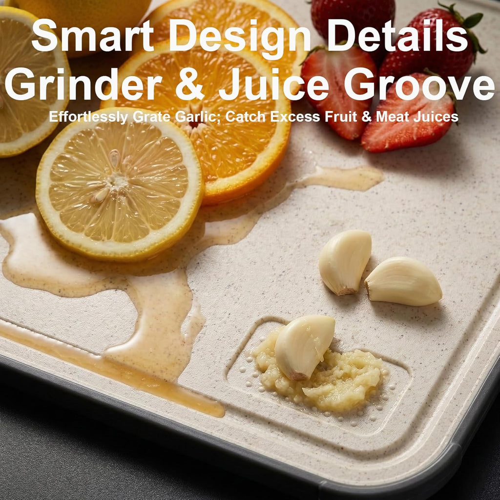 Titanium Cutting Board for Kitchen, 15.4"x10.4" Dual-Sided Chopping Board, Scratch-Resistant, with Juice Groove & Garlic Grinding, Non-Slip Edges, Straw Wheat PP & Titanium