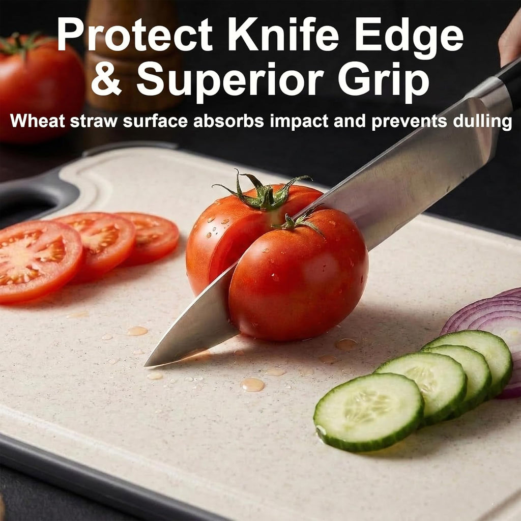 Titanium Cutting Board for Kitchen, 15.4"x10.4" Dual-Sided Chopping Board, Scratch-Resistant, with Juice Groove & Garlic Grinding, Non-Slip Edges, Straw Wheat PP & Titanium