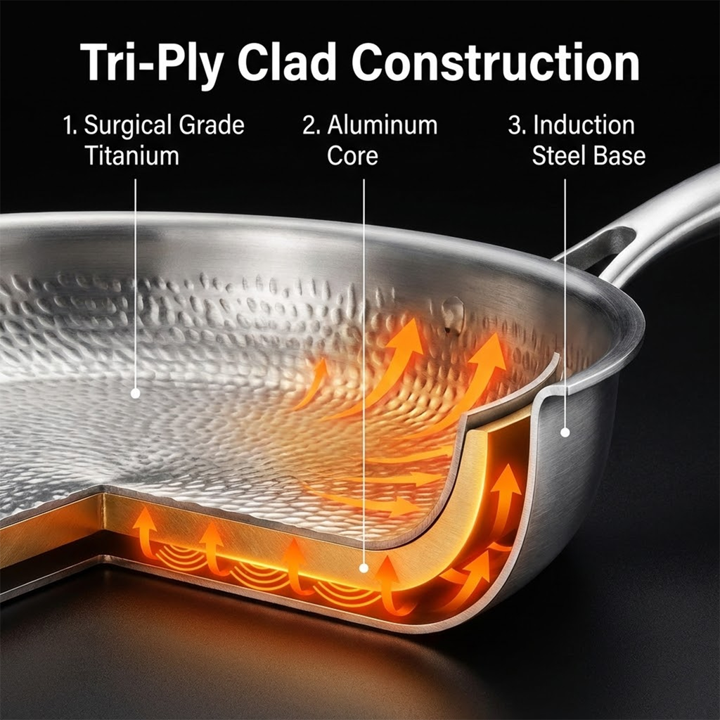Titanium Frying Pan with Lid, 12" Uncoated Hammered Skillet for Cooking, PFAS/PFOA/PTFE Free Nonstick Cookware, Scratch Resistant, for Induction & Gas, Oven, Dishwasher Safe