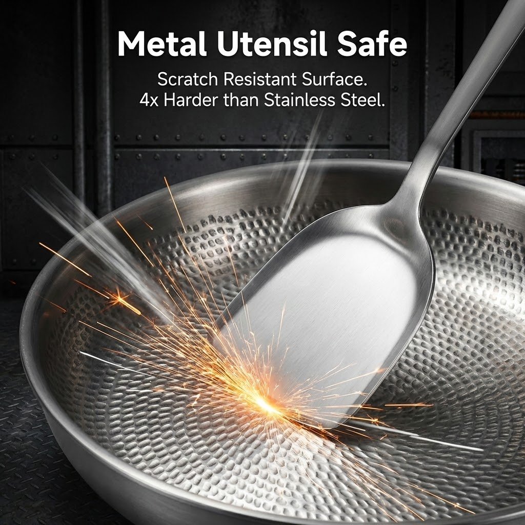 Titanium Frying Pan with Lid, 12" Uncoated Hammered Skillet for Cooking, PFAS/PFOA/PTFE Free Nonstick Cookware, Scratch Resistant, for Induction & Gas, Oven, Dishwasher Safe