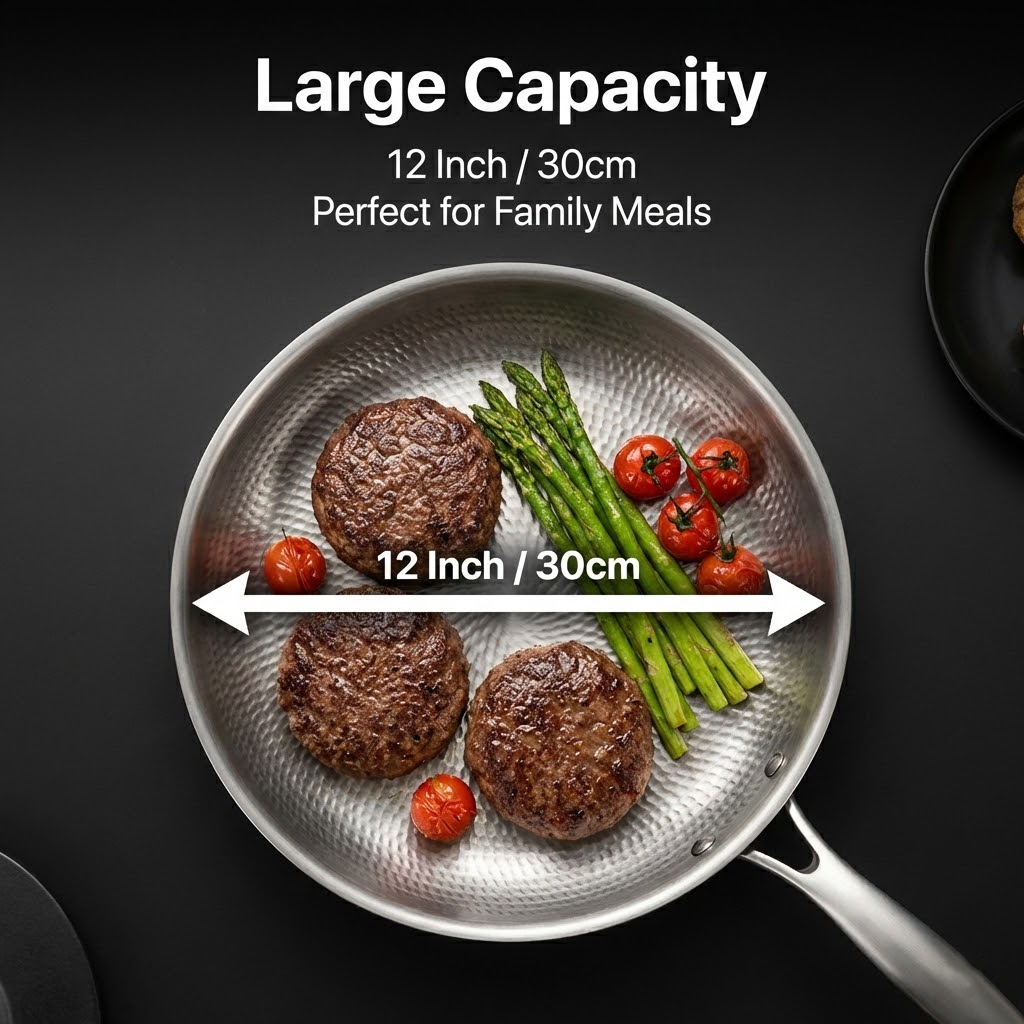 Titanium Frying Pan with Lid, 12" Uncoated Hammered Skillet for Cooking, PFAS/PFOA/PTFE Free Nonstick Cookware, Scratch Resistant, for Induction & Gas, Oven, Dishwasher Safe